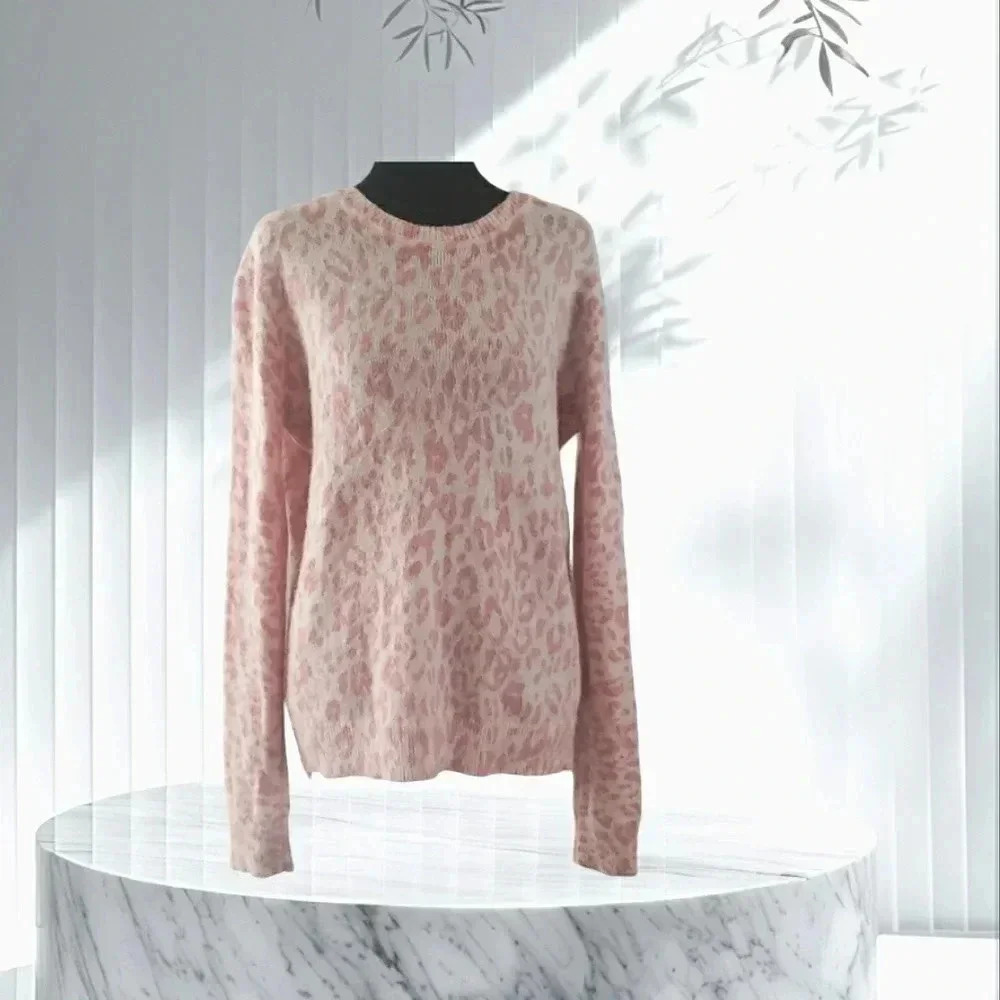 Boho Small Pink Angora Wool Animal Print Cheetah Soft Pullover Artisy Sweater